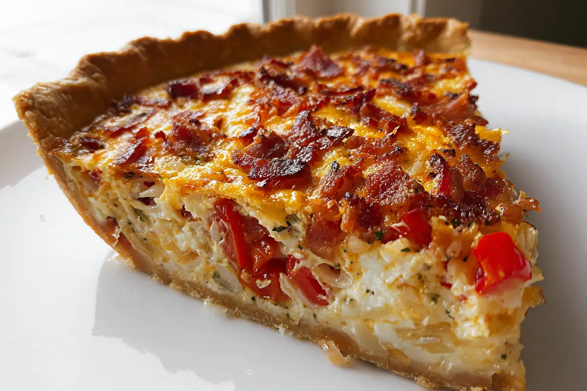 Close-up slice of Bacon Onion Tomato Pie showing layers of crispy bacon, sweet onions, and juicy tomatoes in a golden flaky crust.