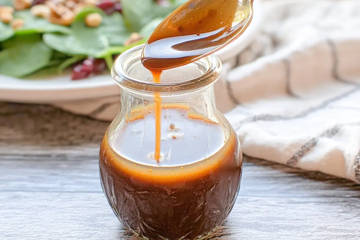 Homemade balsamic vinaigrette being poured from a spoon into a small glass jar, with a fresh spinach salad in the background.