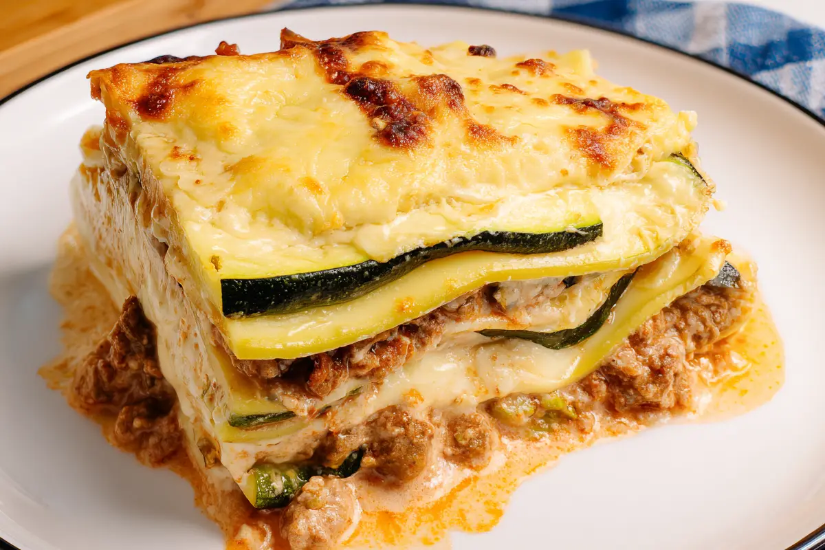 Close-up slice of zucchini lasagna layered with zucchini strips, creamy cheese, ground meat, and rich marinara sauce on a white plate.