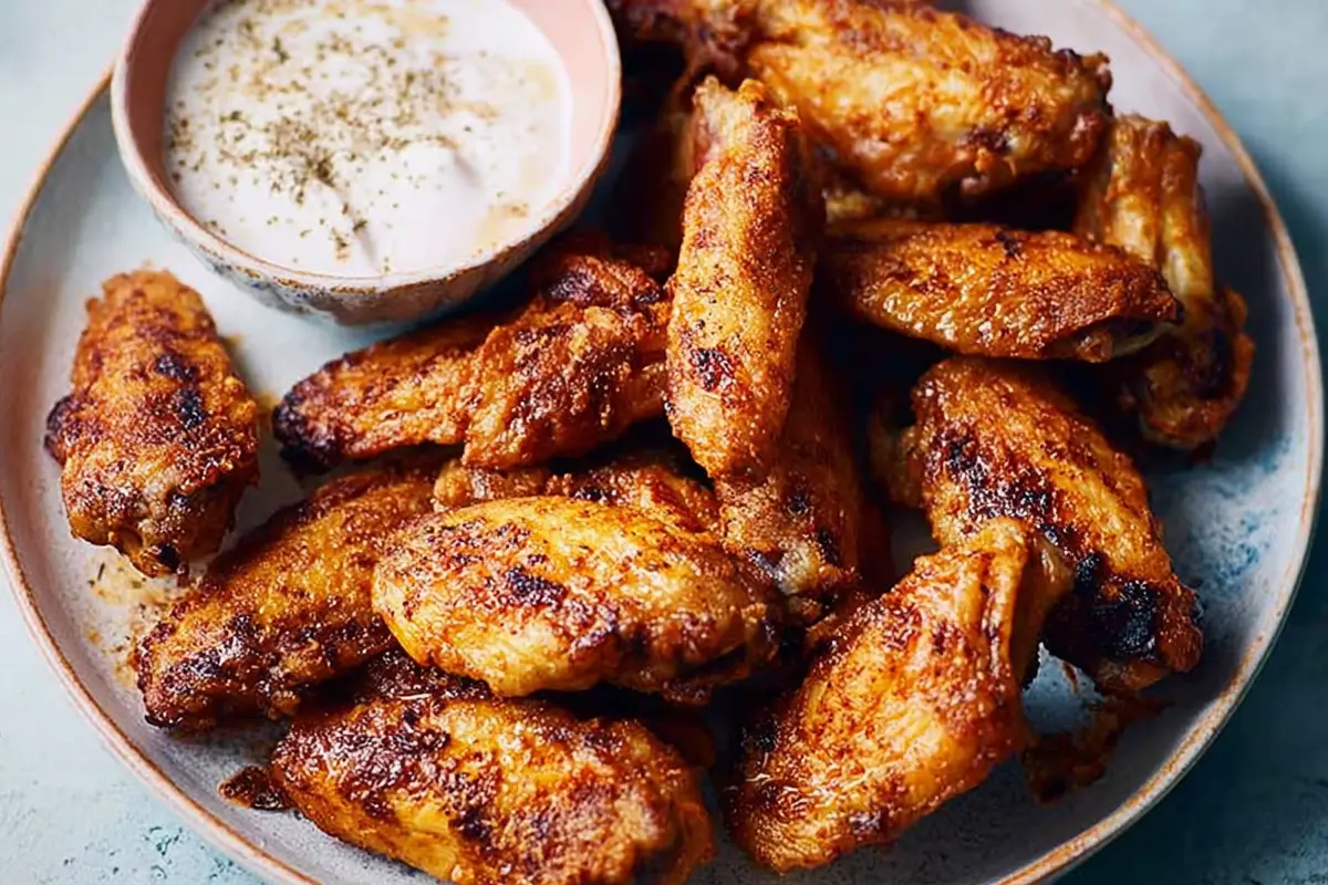 Crispy chicken wings in air fryer served on a plate with creamy dipping sauce.