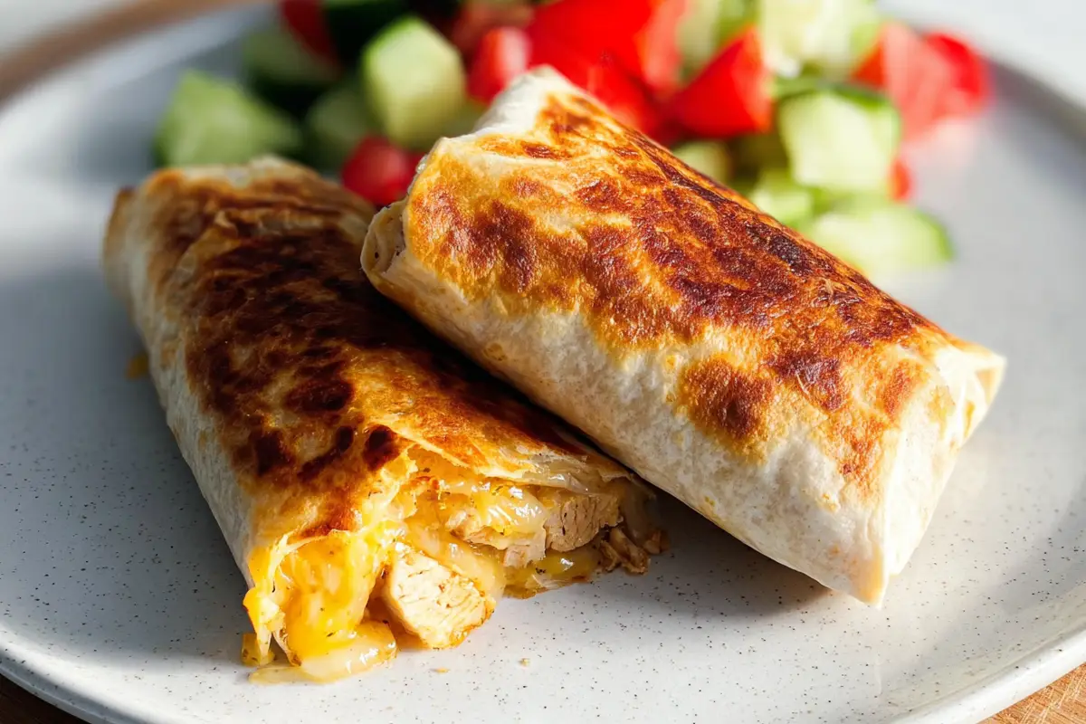 Grilled cheesy garlic chicken wraps sliced in half on a plate with fresh cucumber and tomato salad in the background.