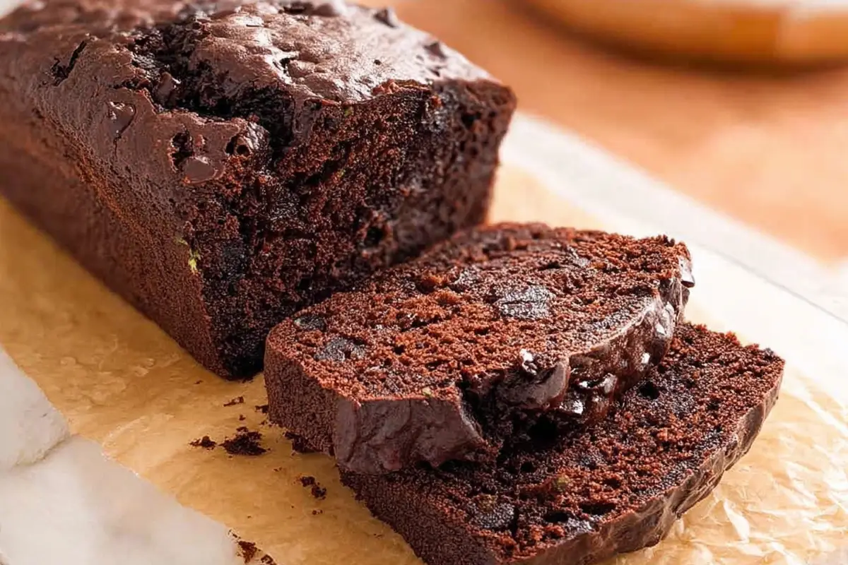 Sliced loaf of rich, moist chocolate zucchini bread on parchment paper, showing fudgy texture and chocolate chips.