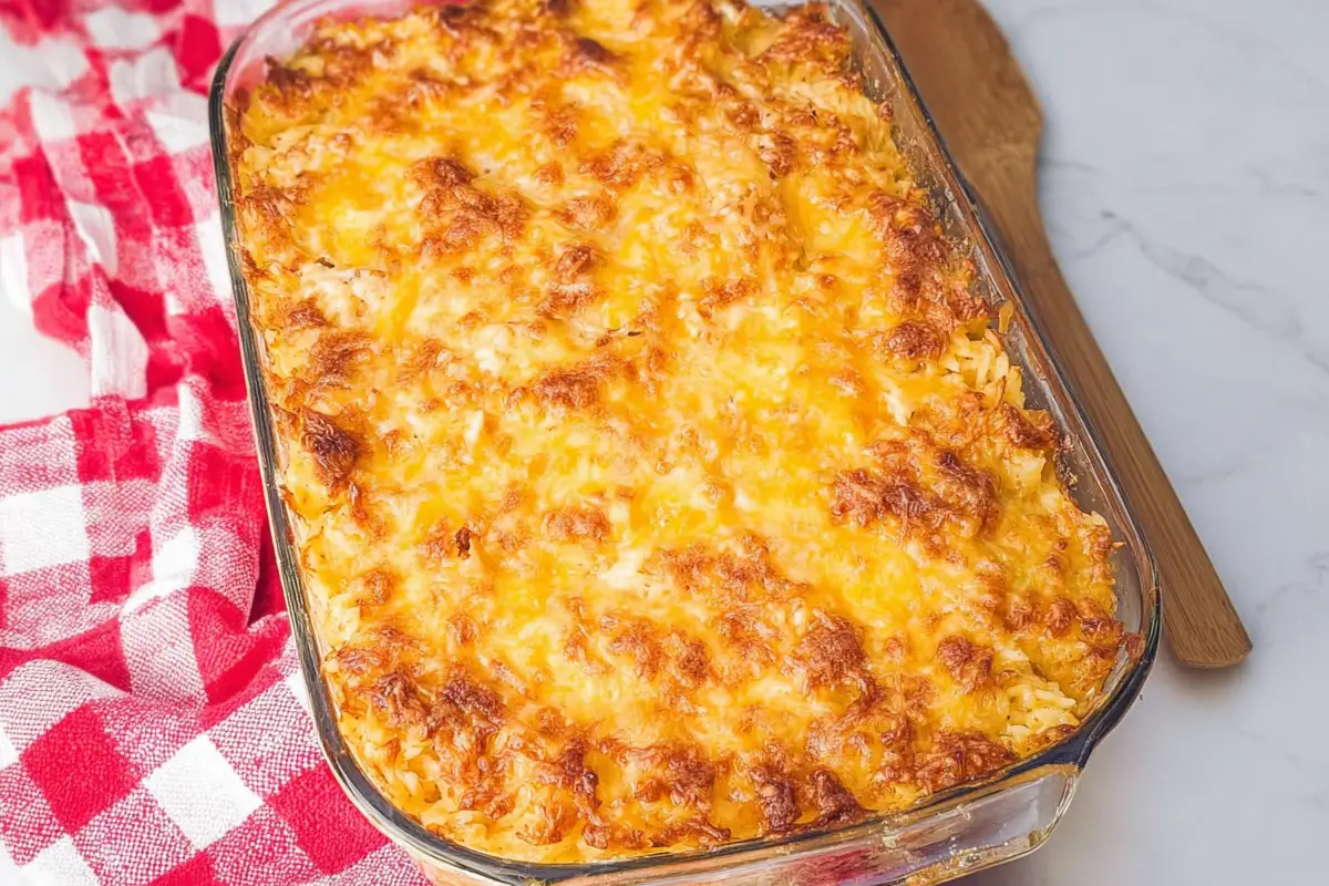 Freshly baked French Onion Chicken Rice Casserole in a glass dish with golden bubbly cheese topping, placed on a red checkered towel.