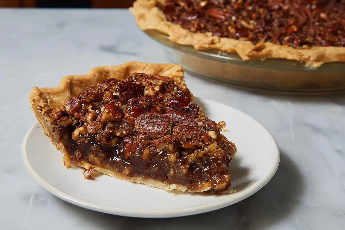 A slice of Texas Chocolate Pecan Pie on a white plate, showcasing its gooey chocolate filling and crunchy pecan topping.