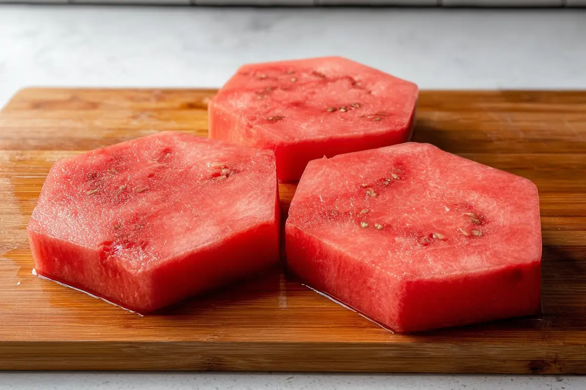 Three thick round watermelon slabs with rind removed, arranged on a wooden cutting board in a modern kitchen with natural lighting