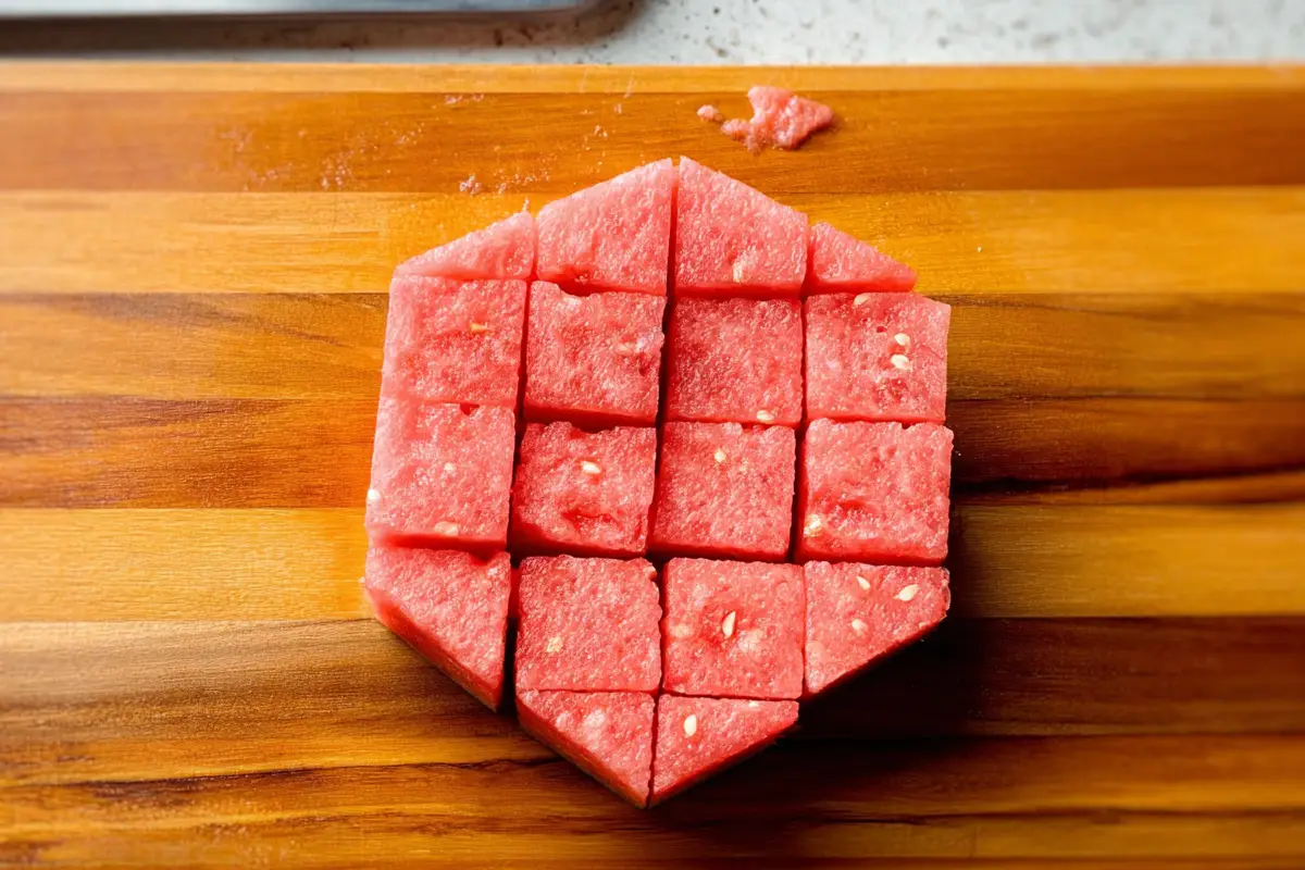 Close-up top-down view of a circular watermelon slab cut into evenly sized cubes, neatly arranged on a wooden cutting board