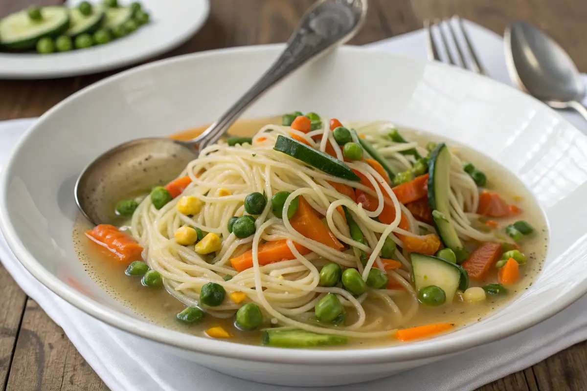 Capellini with Spring Vegetables in Broth