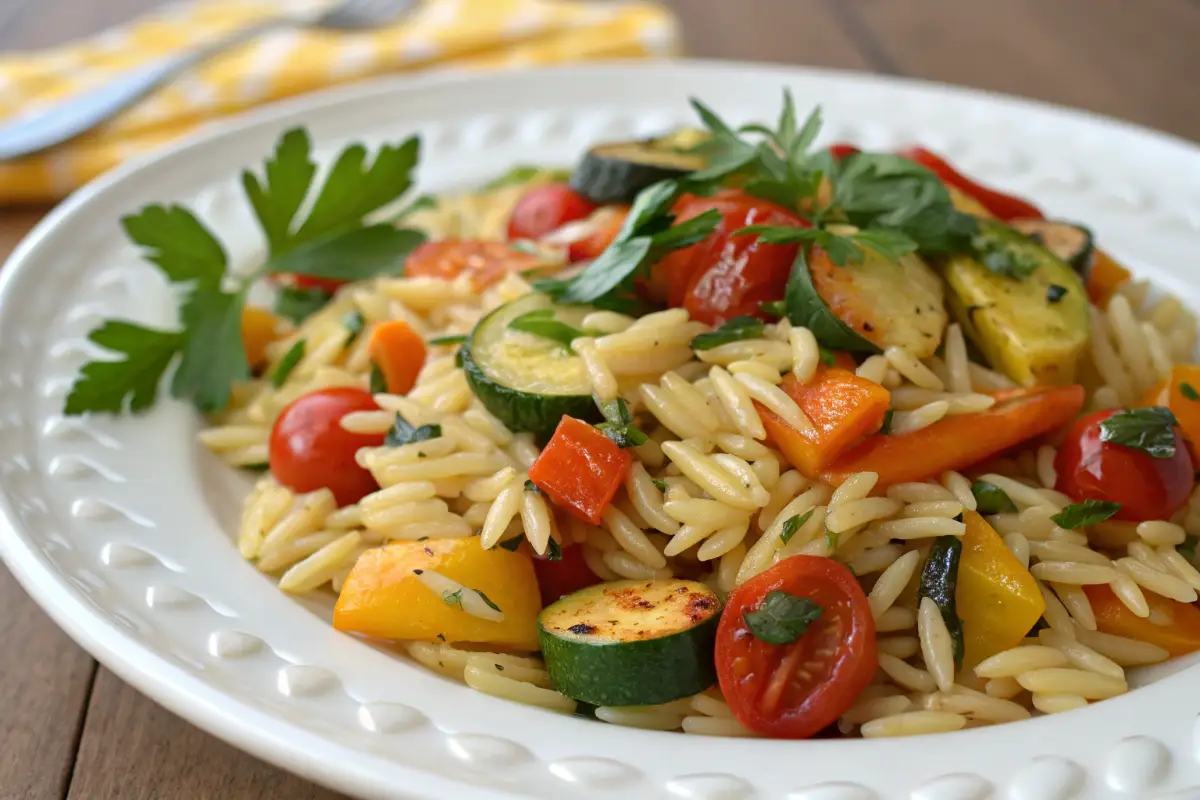 Orzo with Roasted Spring Vegetables
