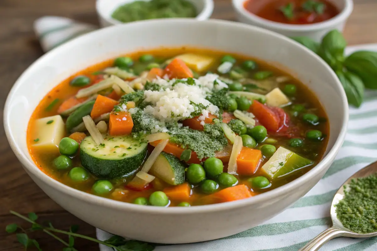 Spring Vegetable Soup With Pesto Drizzle